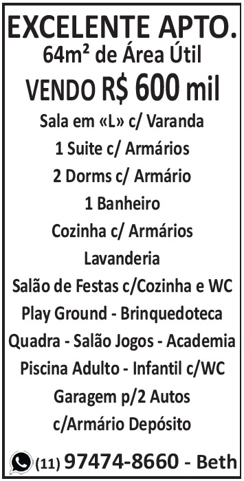 Vendo Apartamento 64 metros 2 dormitórios 1 suite
